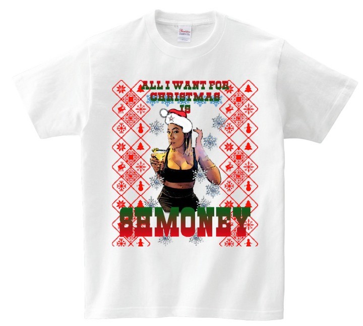 Custom graphic T-shirt with the words "All I want for christmas is shmoney"