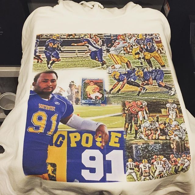 A custom graphic T-shirt with a collage of pictures from a football game 